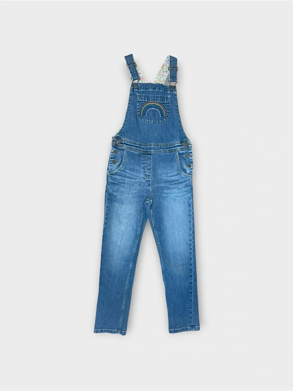 Mini Boden Rainbow Chest Embroidered Dark Wash Denim Overalls